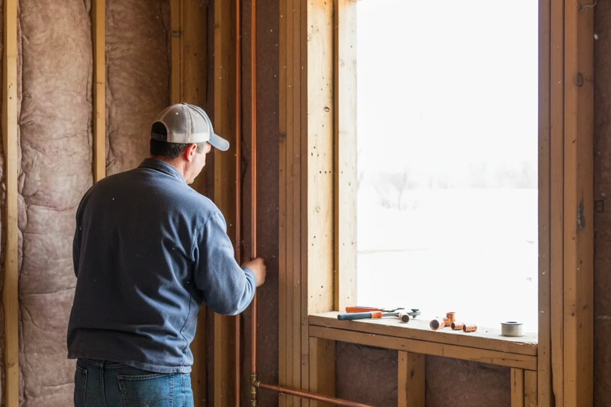 Licensed plumber running new copper supply lines in a Shidler home
