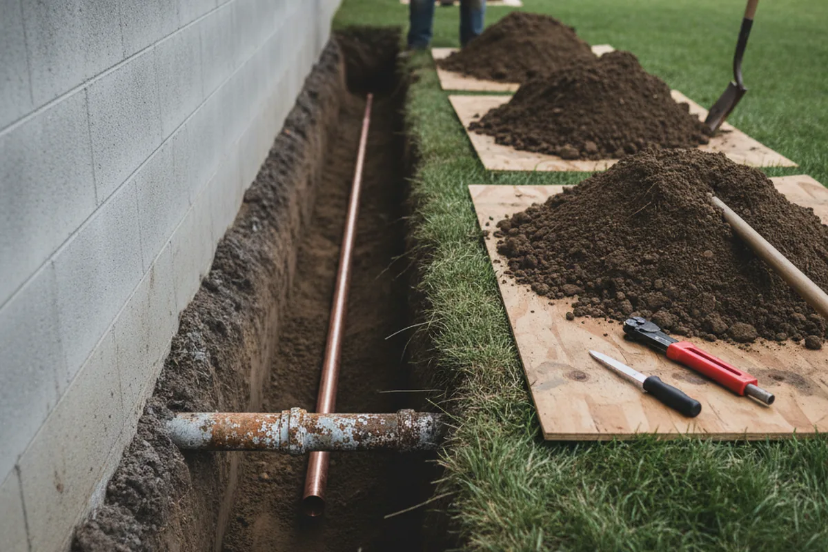 Excavated water line trench during Water Softener Installation in Shidler